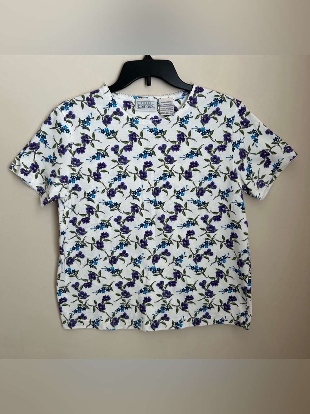 Basic Editions Cream w/ Floral Print Crew Neck Short Sleeve Tee T Shirt Top Sz M